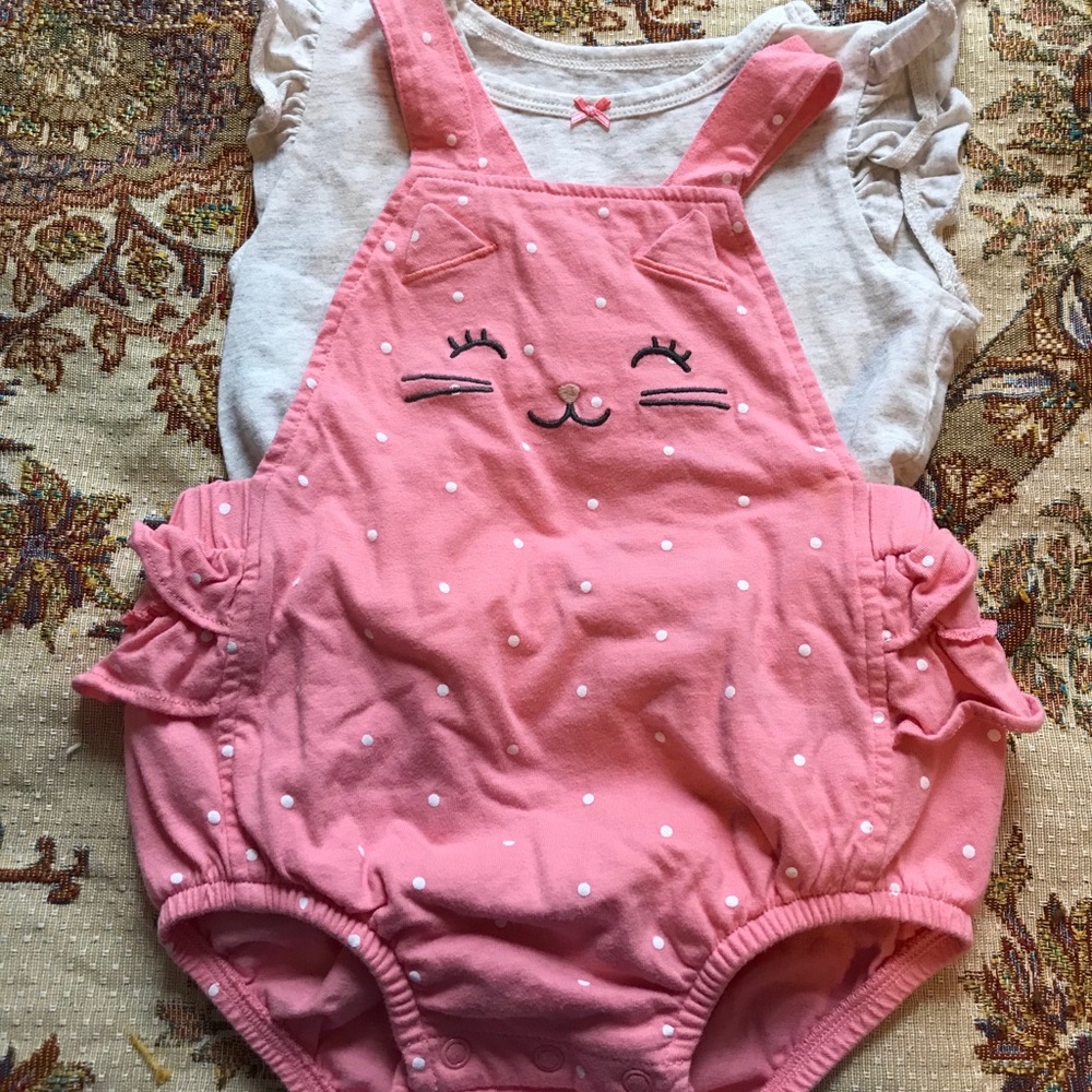 Carter’s pink cat romper, sz 24 months